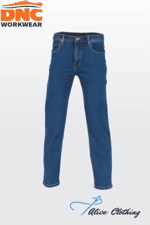 Front view of blue denim jeans against a light gradient background; DNC Workwear logo top-left and Alice Clothing watermark bottom-right.
