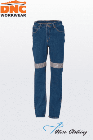 Blue denim work jeans with reflective knee bands, shown as a product photo for DNC Workwear and Alice Clothing.