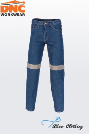 Blue denim work jeans with reflective knee bands shown on a light gradient background, with DNC Workwear branding visible.