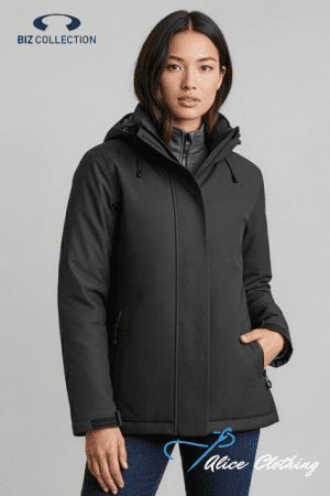 Female model wearing a black insulated jacket with a hood and zip pockets; Biz Collection logo appears in the top left and Alice Clothing watermark bottom right.