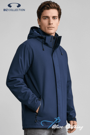 Male model wearing a navy blue hooded jacket with zip pockets; Biz Collection and Alice Clothing logos visible.