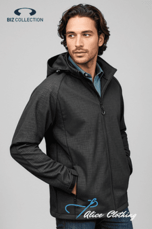 Man modeling a dark gray zip-up hooded jacket with a subtle crosshatch pattern, hands in pockets; Biz Collection and Alice Clothing logos shown.
