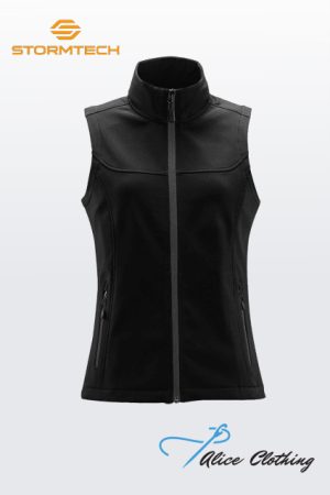 Black sleeveless zip-up vest with a high collar and two side zip pockets; Stormtech branding top left.