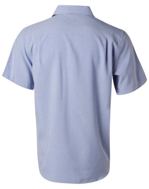 Back view of a light blue collared short-sleeve shirt.