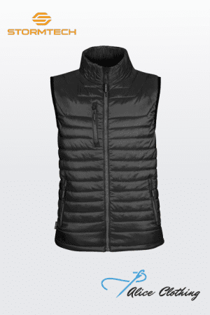 Black quilted sleeveless puffer vest with front zipper and zip pockets; Stormtech logo top-left, Alice Clothing logo bottom-right.