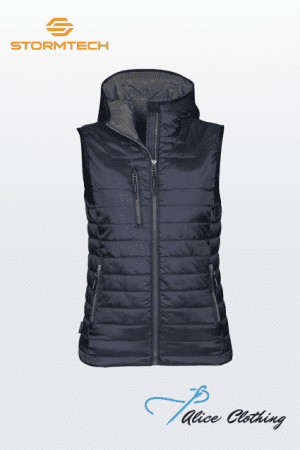 Navy puffer vest with stand-up collar, front zipper, chest zip pocket, and two hip zip pockets; Stormtech logo top left and Alice Clothing logo bottom right are visible.
