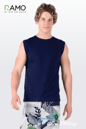 Male model wearing a navy sleeveless shirt and patterned shorts against a light gradient background, RAMO logo in the corner.