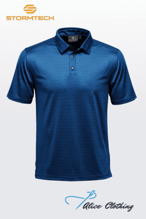 Blue polo shirt with short sleeves and buttoned placket on a light gradient background; Stormtech logo in the top-left corner.