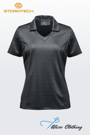 Black and charcoal striped polo shirt with short sleeves on a light gray gradient background; Stormtech logo in top-left and Alice Clothing logo bottom-right.