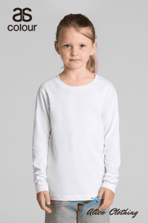 Young girl wearing a white long-sleeve shirt, standing and facing the camera; brand logos 'as colour' top left and 'Alice Clothing' bottom right.