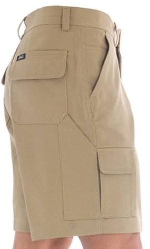 Beige cargo shorts with multiple pockets and belt loops, shown from a side/rear angle.