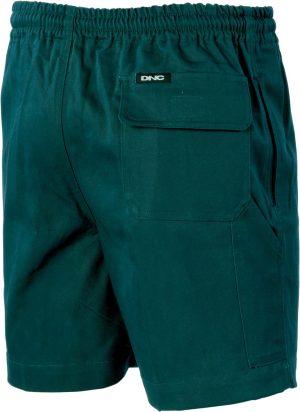 Teal green shorts with an elastic waistband and back pocket labeled DNC.