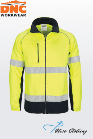 High-visibility neon yellow safety jacket with reflective stripes, zip front, black collar and cuffs; DNC Workwear branding visible.