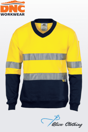 High-visibility yellow and navy sweatshirt with reflective bands, shown on a white background; DNC Workwear branding and Alice Clothing watermark.