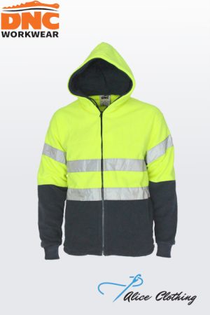 High-visibility neon hooded jacket with reflective stripes and a dark lower section; zipper front, DNC Workwear branding on top left. May include Alice Clothing watermark at bottom.