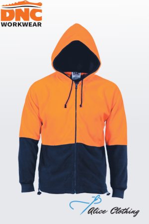 Front view of a two-tone orange and navy zip-up hoodie jacket with a black-lined hood, DNC Workwear logo in the top-left corner and Alice Clothing watermark at bottom-right.