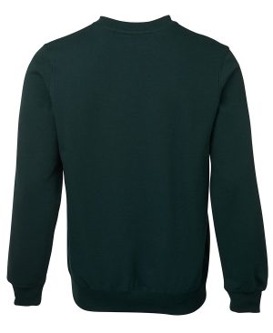 Back view of a dark green crewneck sweatshirt with ribbed cuffs and hem.