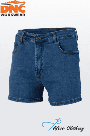 Front view of blue denim shorts with belt loops and pockets; DNC Workwear logo at top-left and Alice Clothing logo at bottom.
