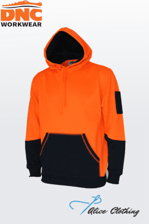 Bright orange hoodie with a large black kangaroo pocket, black cuffs, and a black-lined hood (DNC Workwear brand visible). Charcoal logo for Alice Clothing shown at the bottom right.
