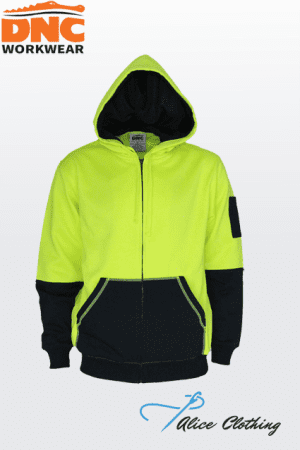 Bright neon yellow hi-vis hoodie jacket with a black kangaroo pocket, black cuffs, and a front zipper; DNC Workwear branding in the top-left corner.