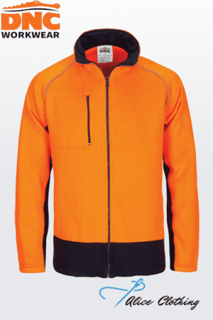 Full-front view of a bright orange DNC Workwear zip-front jacket with black collar and hem, chest zip pocket; logos visible at top-left and bottom-right.