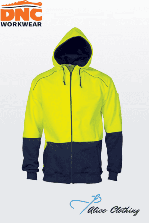 Hi-visibility neon yellow zip-up hooded work jacket with navy cuffs and hem; front view, DNC Workwear branding top left and Alice Clothing bottom right.