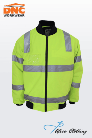 High-visibility neon safety jacket with reflective stripes and front zipper.