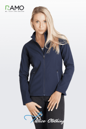 Front view of a woman wearing a navy zip-up jacket with two pockets, standing against a light gradient background.