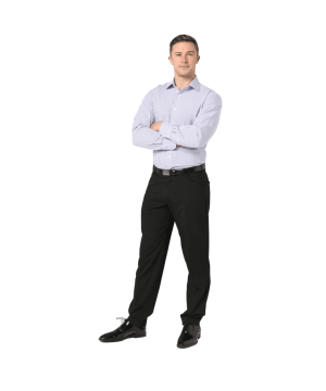 Man in a light blue striped shirt and black dress pants stands with arms crossed, facing the camera.