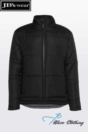 Black puffer jacket with a full-length zipper and stand collar, horizontal quilting, shown on a white backdrop; JB'swear logo top-left and Alice Clothing logo bottom-right.