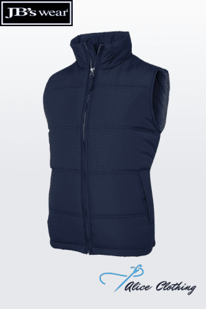 Navy padded sleeveless vest with a full-length zipper and zip pockets; JB's wear logo top left and Alice Clothing logo bottom right.