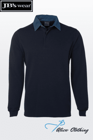 Navy long-sleeve pullover with a contrasting blue collar on a white backdrop.