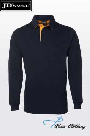 Navy long-sleeve polo shirt with an orange collar placket, front view on a light gradient background; JB's Wear logo in the top-left corner.