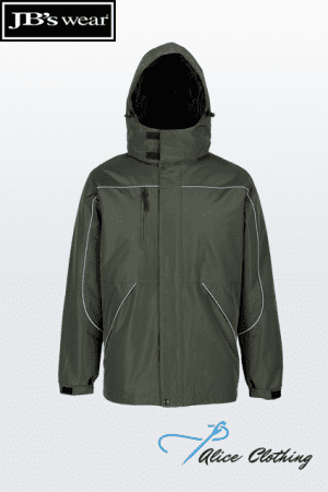 Olive-green hooded rain jacket with white seam piping, front zip and two zip pockets on a light gradient background.