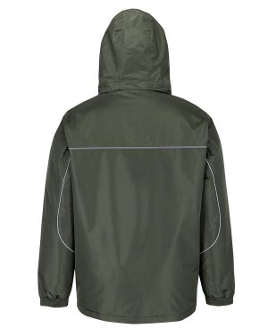 Back view of an olive-green hooded windbreaker with reflective piping along the chest and sleeves via thin light-gray trim on a plain background]