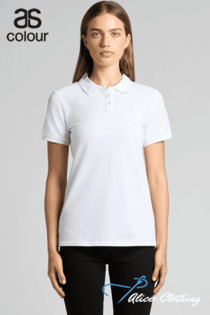 Model wearing a plain white polo shirt, front view; brand logos visible (AS Colour top-left, Alice Clothing bottom-right).