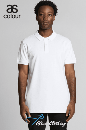 Male model in a white polo shirt against a gray backdrop; as colour logo top-left and Alice Clothing watermark bottom edge.