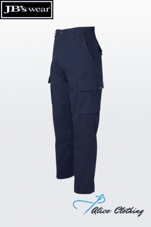 Navy cargo pants with multiple pockets shown against a light gradient background; logo 'JB's wear' in the top-left and 'Alice Clothing' signature at bottom-right.