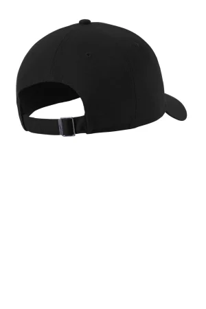 Back view of a black baseball cap with an adjustable strap and metal buckle.