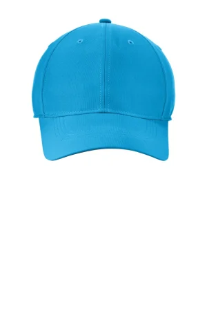 Blue baseball cap seen from the front with a curved brim and unadorned design.