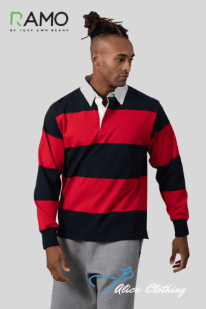 Male model wearing a red and black horizontal striped rugby polo with a white collar, standing against a light gray background; 'Alice Clothing' watermark bottom right.
