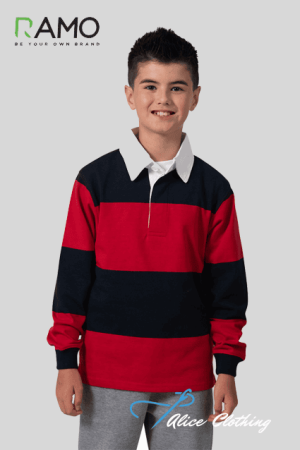 Boy model wearing a red and navy striped rugby shirt with a white collar; Alice Clothing logo bottom right; RAMO logo top left.