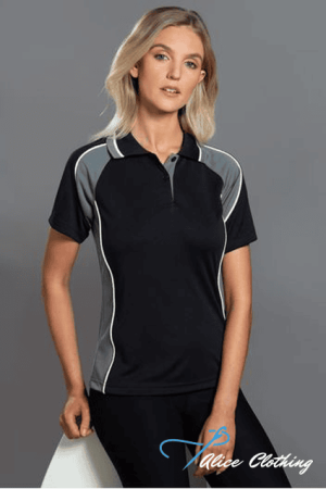 Female model wearing a black short-sleeve polo with gray side panels, standing against a gray backdrop; 'Alice Clothing' logo visible.