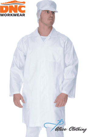 Male model wearing a white lab coat and hairnet, looking to the right; DNC Workwear logo in the top-left corner.