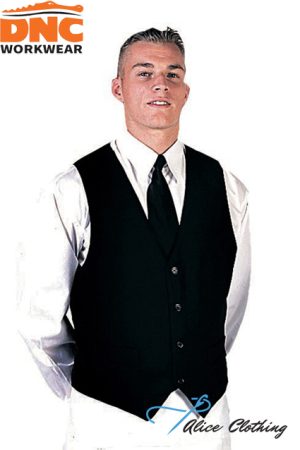 Man wearing a white dress shirt with a black waistcoat and black tie, posing for a formalwear photo (DNC Workwear logo in corner).