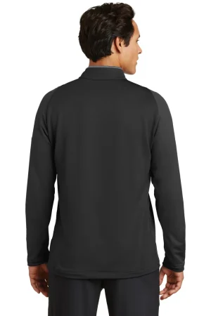 Back view of a man wearing a black long-sleeve athletic jacket, edge of gray collar visible, neutral pose.