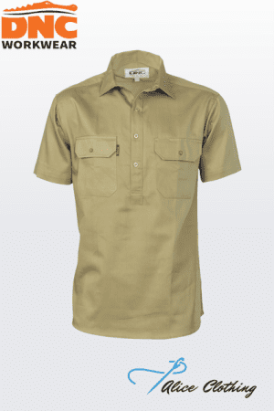 Khaki short-sleeve work shirt with two chest pockets and button placket; DNC Workwear logo top-left.