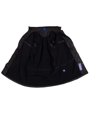 Black jacket opened to show the interior lining, with visible pockets and a blue brand tag.