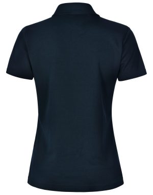 Navy polo shirt shown from the back on a white background, short sleeves and collar visible.