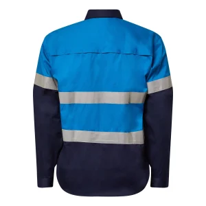 Back view of a blue work jacket with light gray reflective stripes on the sleeves and waist against a white background.